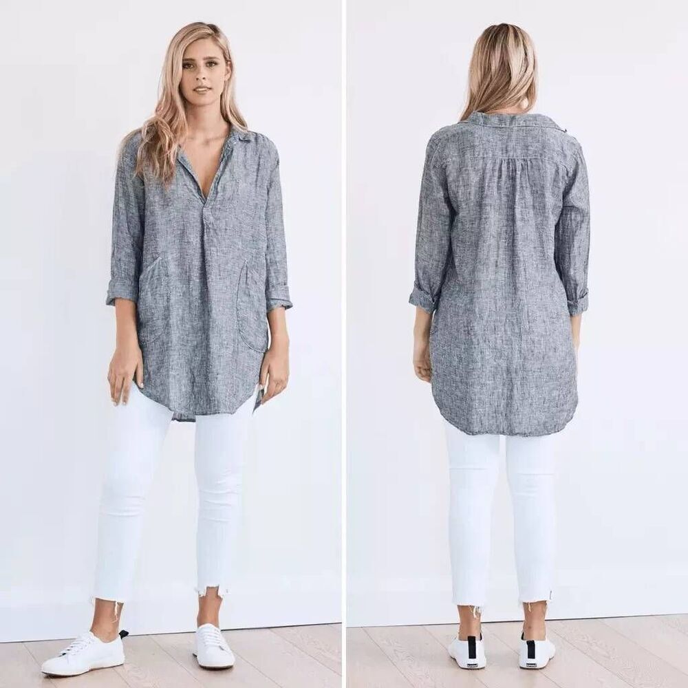 Cp Shades 100% Linen Teton Oversized Tunic Top Gray  Lagenlook Pockets LARGE